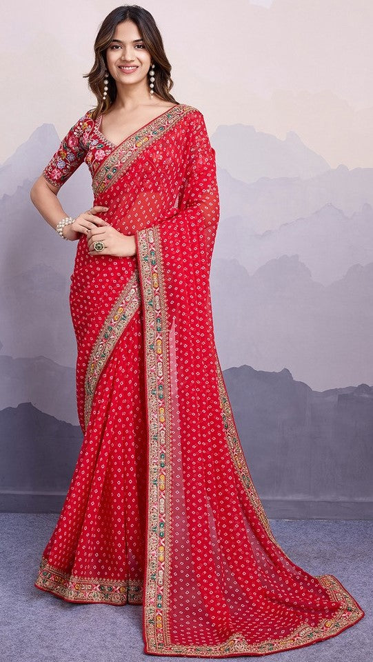 Beautiful Red Color Georgette Fabric Designer Saree