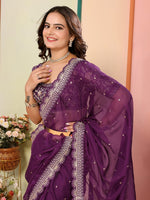 Beautiful Wine Color Organza Fabric Designer Saree