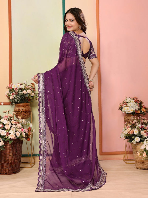 Beautiful Wine Color Organza Fabric Designer Saree
