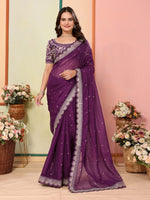 Beautiful Wine Color Organza Fabric Designer Saree
