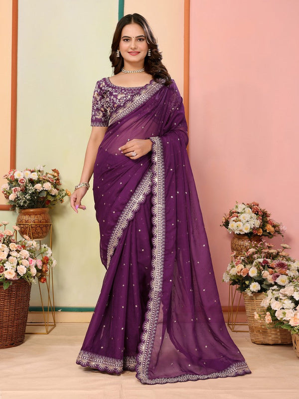Beautiful Wine Color Organza Fabric Designer Saree