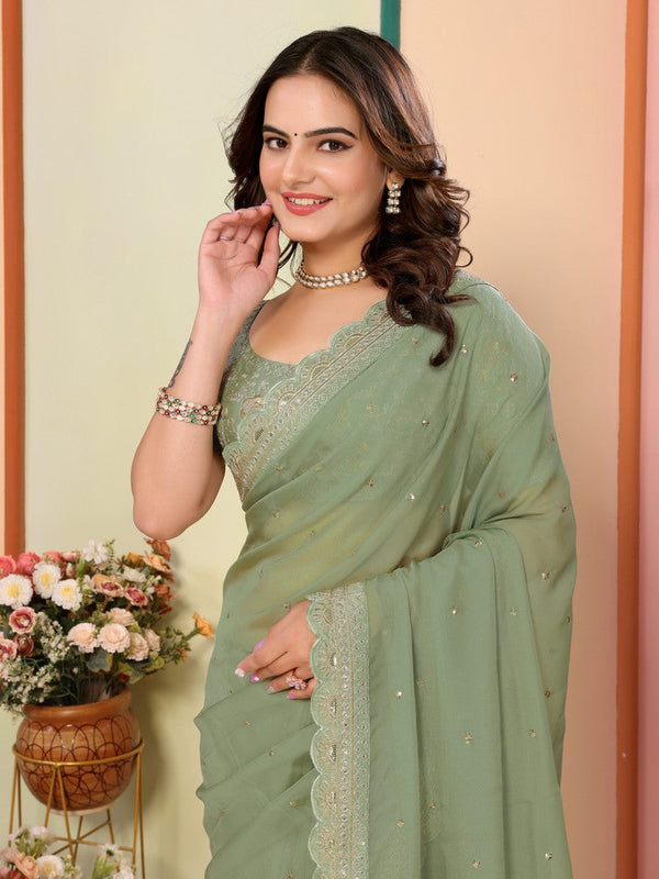 Beautiful Green Color Organza Fabric Designer Saree