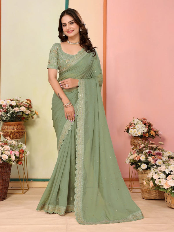Beautiful Green Color Organza Fabric Designer Saree