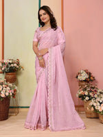 Beautiful Pink Color Organza Fabric Designer Saree