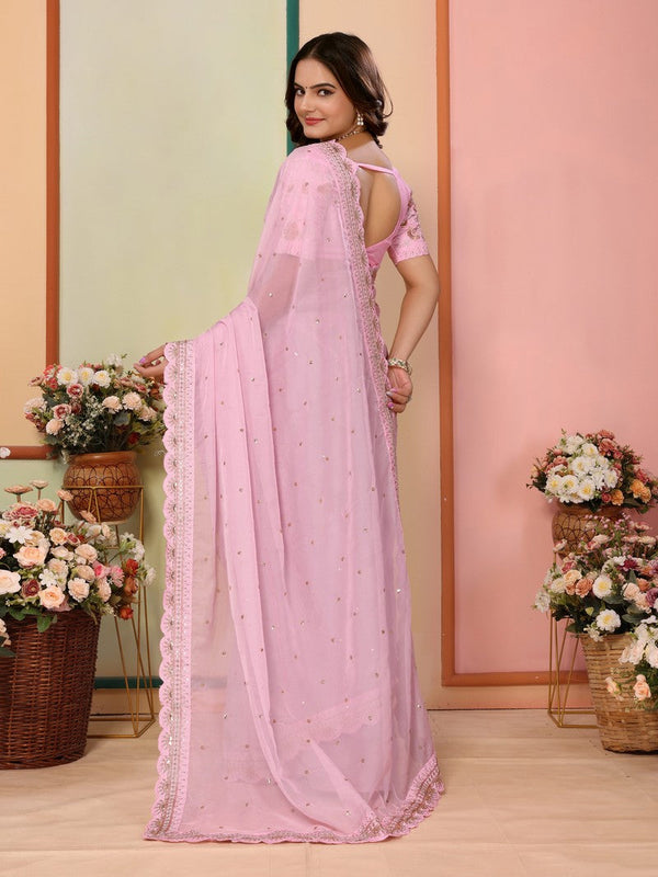 Beautiful Pink Color Organza Fabric Designer Saree