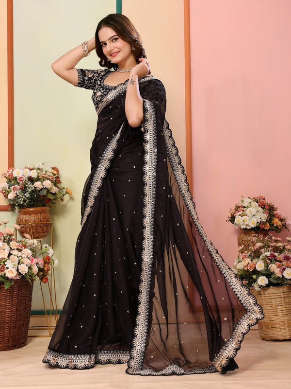 Beautiful Black Color Organza Fabric Designer Saree