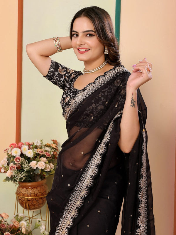 Beautiful Black Color Organza Fabric Designer Saree