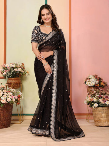 Beautiful Black Color Organza Fabric Designer Saree