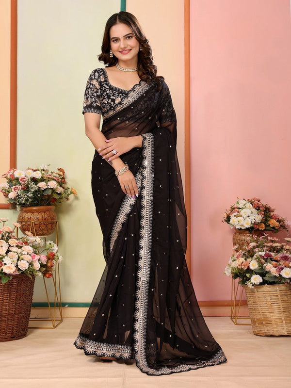 Beautiful Black Color Organza Fabric Designer Saree