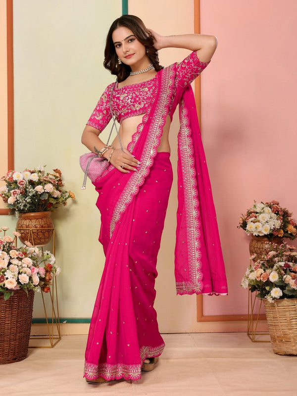 Beautiful Pink Color Organza Fabric Designer Saree