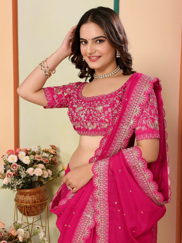 Beautiful Pink Color Organza Fabric Designer Saree