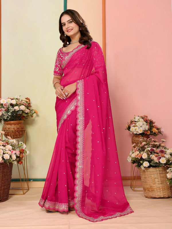 Beautiful Pink Color Organza Fabric Designer Saree