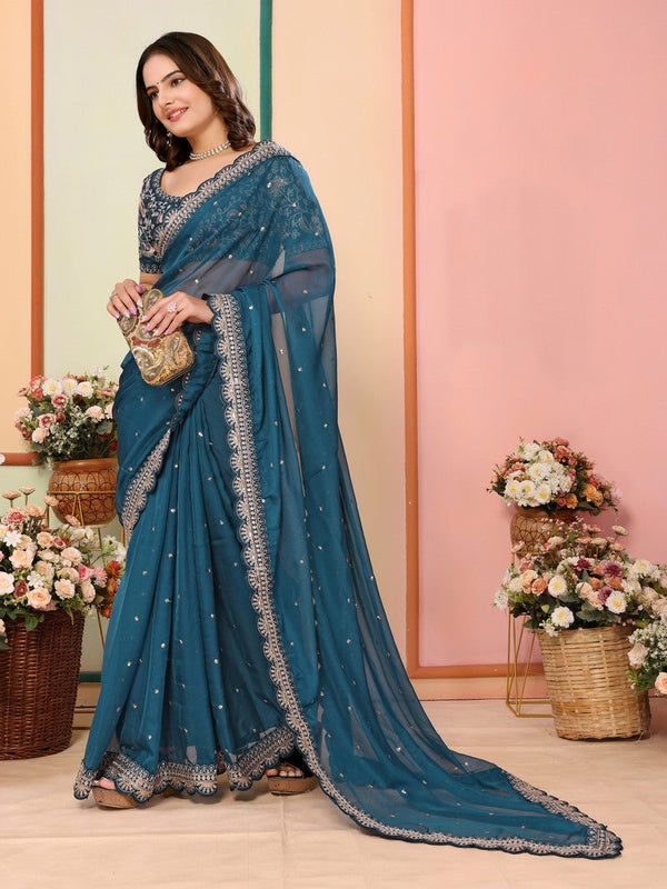 Beautiful Teal  Color Organza Fabric Designer Saree