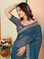 Beautiful Teal  Color Organza Fabric Designer Saree