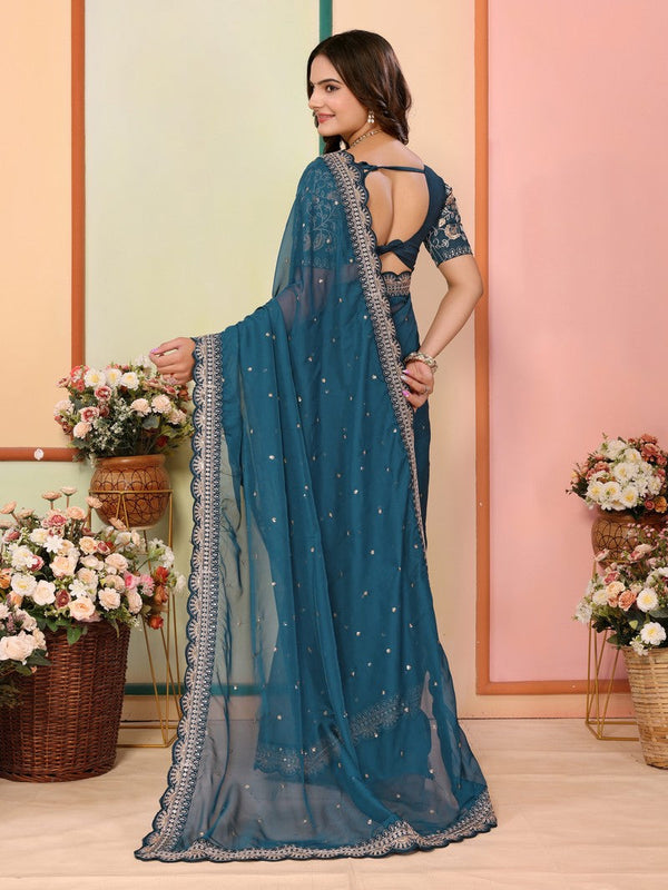 Beautiful Teal  Color Organza Fabric Designer Saree