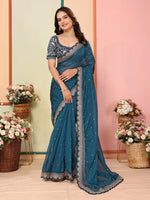 Beautiful Teal  Color Organza Fabric Designer Saree