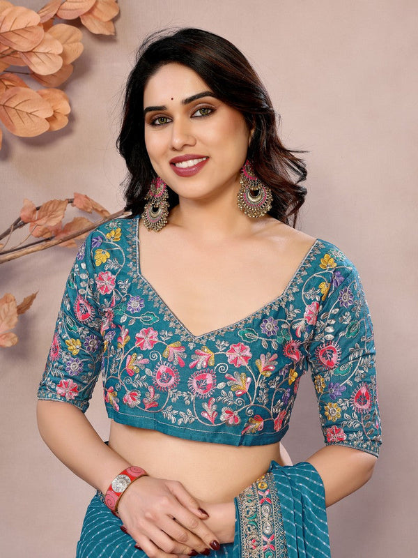 Beauteous Teal Color Georgette Fabric Partywear Saree