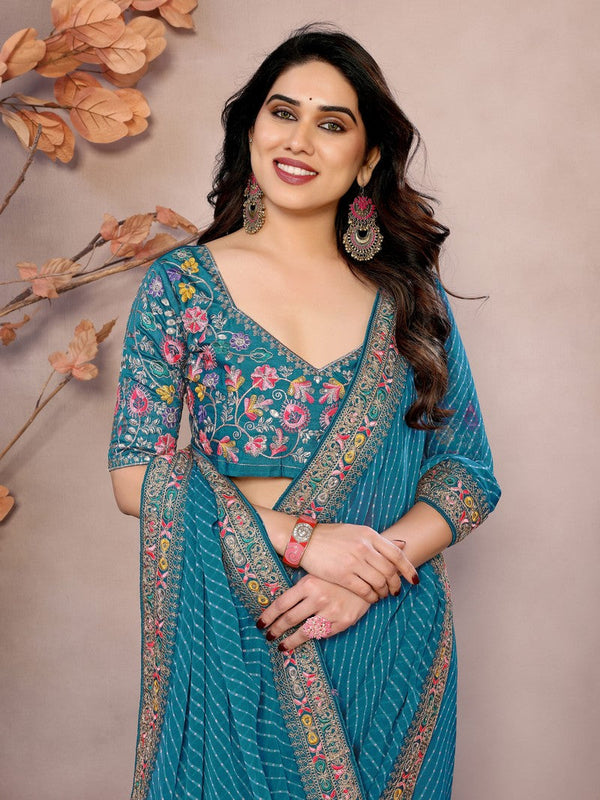 Beauteous Teal Color Georgette Fabric Partywear Saree