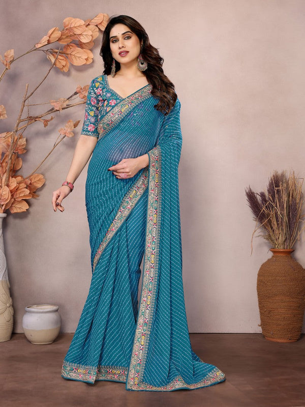 Beauteous Teal Color Georgette Fabric Partywear Saree