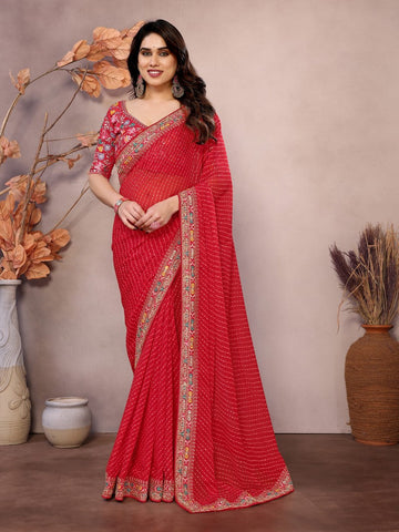 Beauteous Red Color Georgette Fabric Partywear Saree