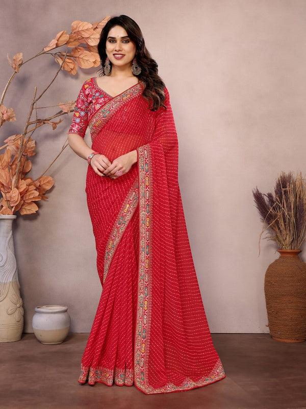 Beauteous Red Color Georgette Fabric Partywear Saree