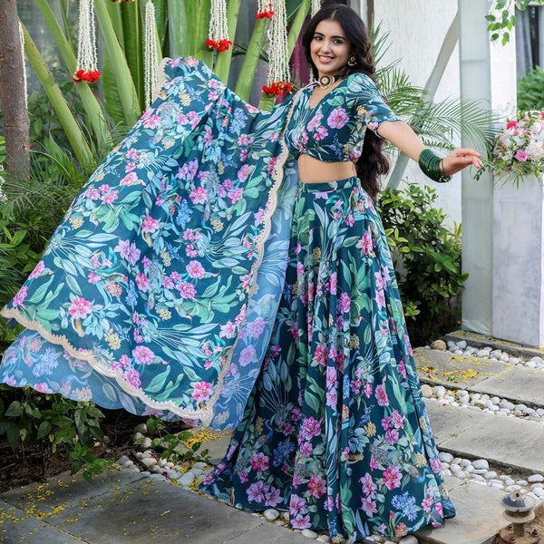 Amazing Teal Color Georgette Fabric Designer Lehenga