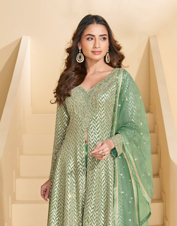 Divine Green Color Georgette Fabric Designer Suit