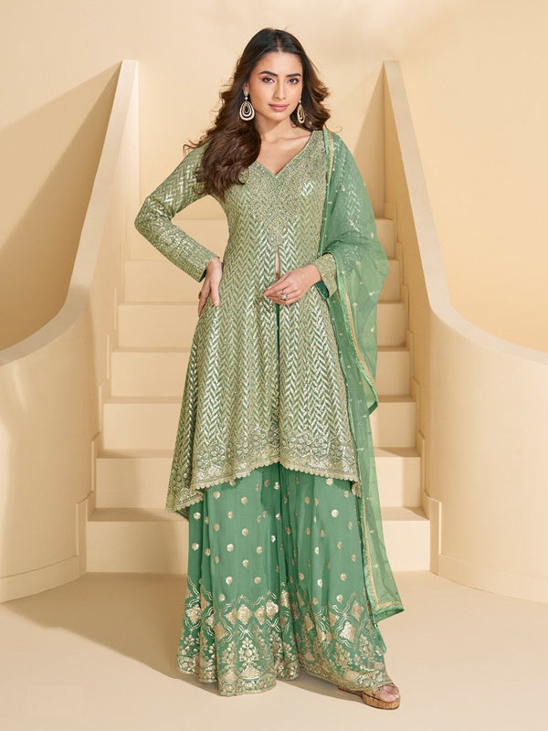 Divine Green Color Georgette Fabric Designer Suit