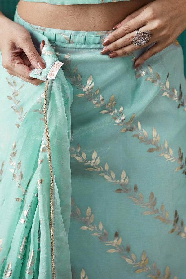 Amazing Aqua Color Organza Fabric Designer Saree