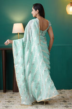 Amazing Aqua Color Organza Fabric Designer Saree