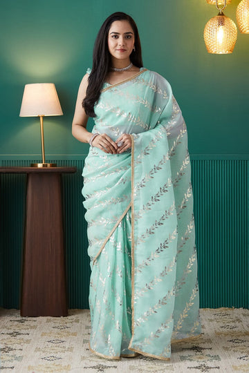 Amazing Aqua Color Organza Fabric Designer Saree
