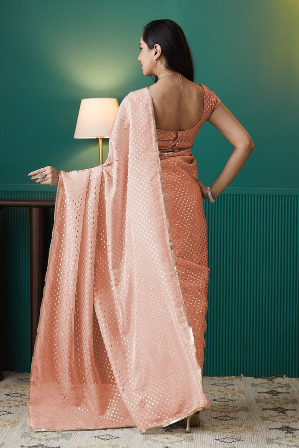 Amazing Peach Color Organza Fabric Designer Saree