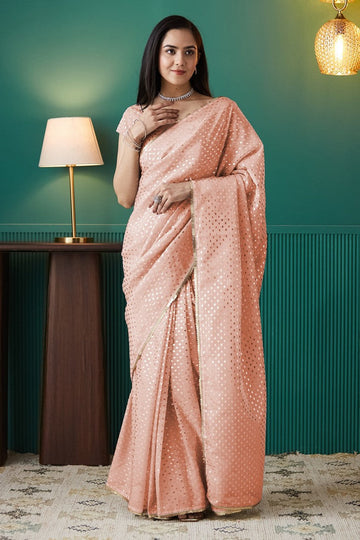 Amazing Peach Color Organza Fabric Designer Saree