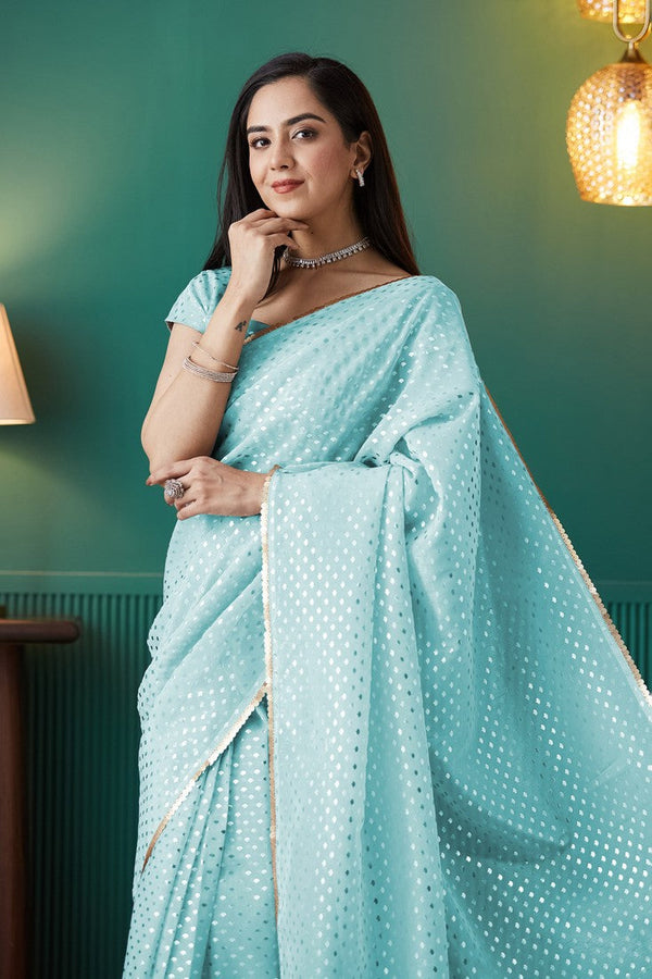 Amazing Aqua Color Organza Fabric Designer Saree
