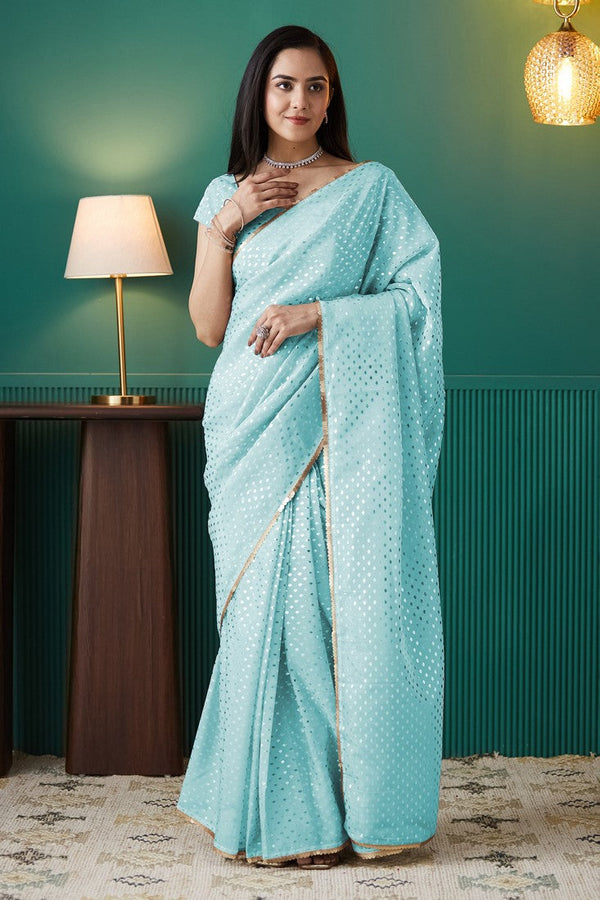 Amazing Aqua Color Organza Fabric Designer Saree