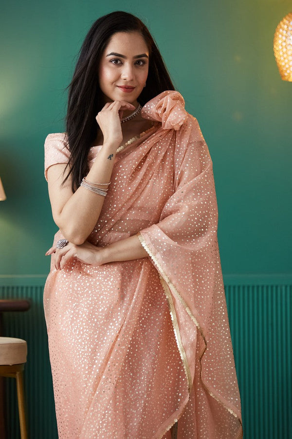 Amazing Peach Color Organza Fabric Designer Saree