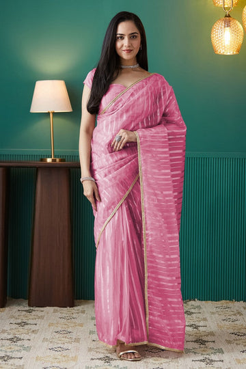 Graceful Pink Color Organza Fabric Designer Saree