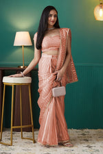 Graceful Peach Color Organza Fabric Designer Saree