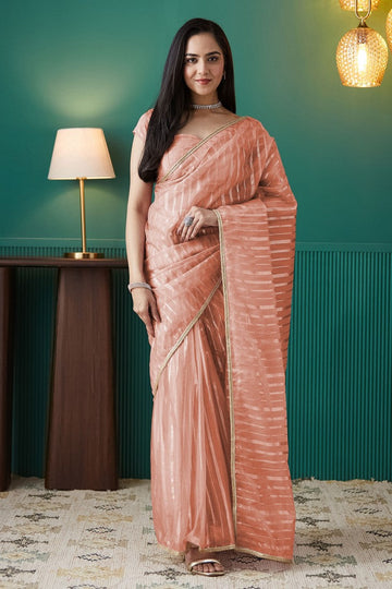 Graceful Peach Color Organza Fabric Designer Saree