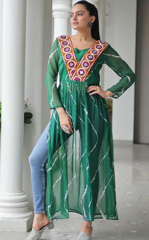 Amazing Green Color Georgette Fabric Cotton Kurti