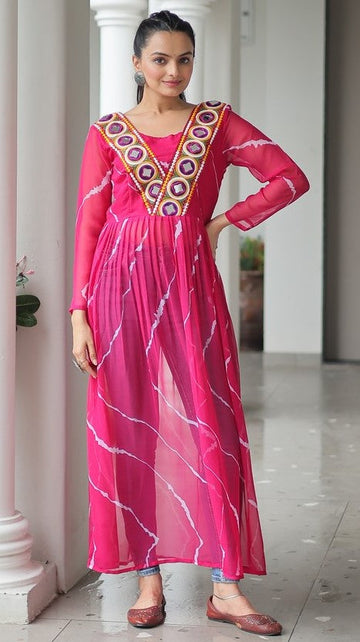 Amazing Pink Color Georgette Fabric Cotton Kurti