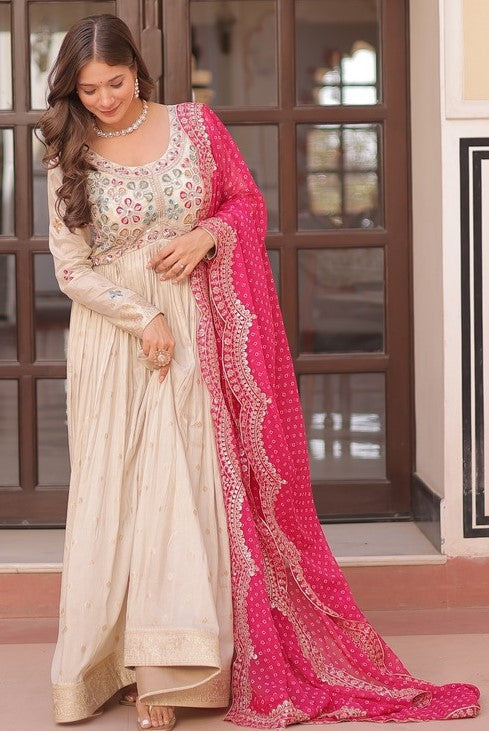 Amazing Cream Color Jacquard Fabric Gown