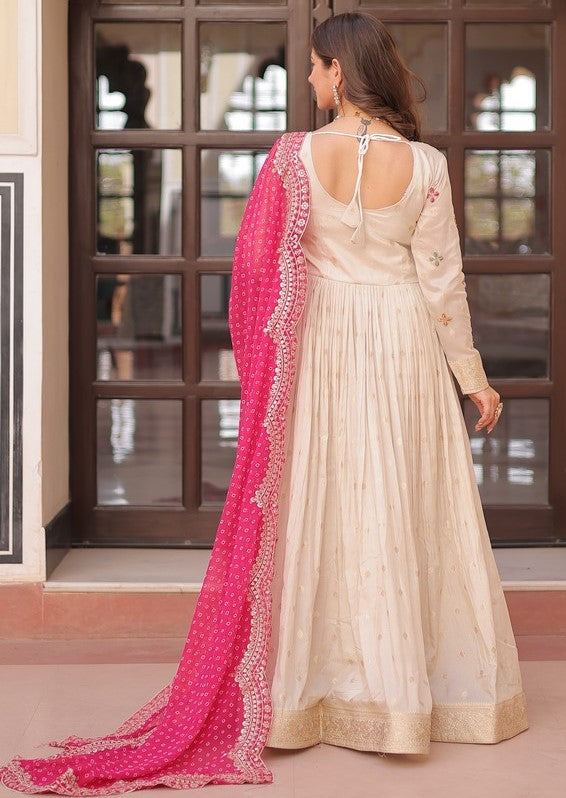 Amazing Cream Color Jacquard Fabric Gown