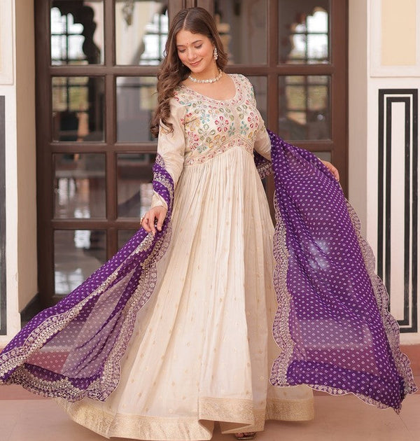 Amazing Cream Color Jacquard Fabric Gown