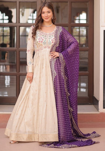Amazing Cream Color Jacquard Fabric Gown