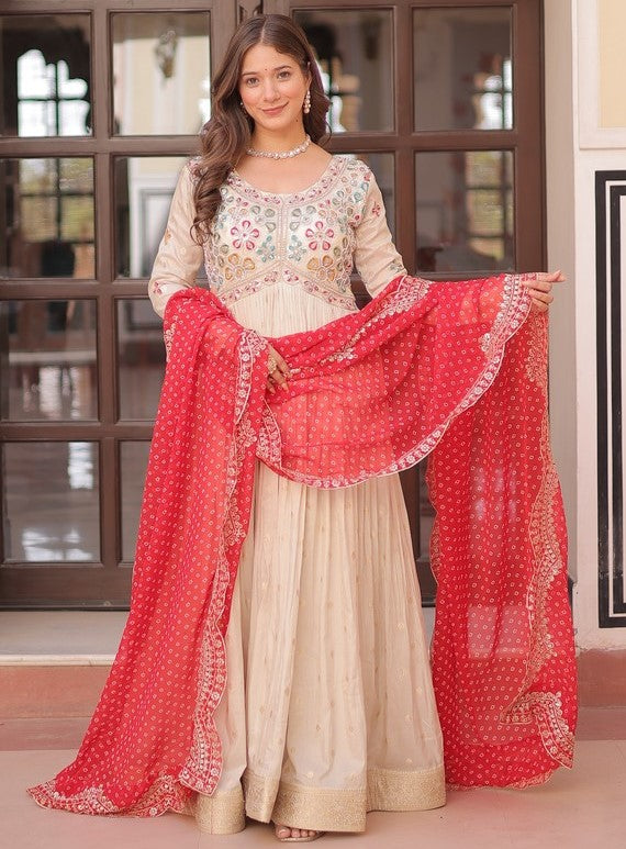 Amazing Cream Color Jacquard Fabric Gown