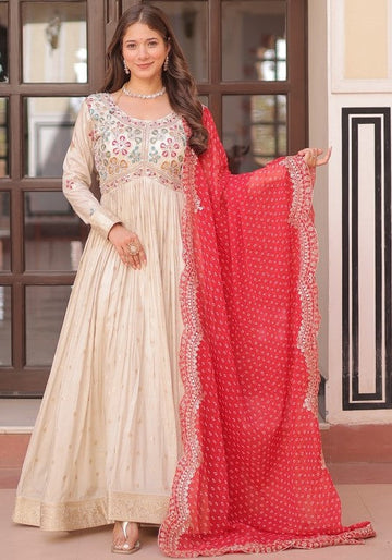 Amazing Cream Color Jacquard Fabric Gown