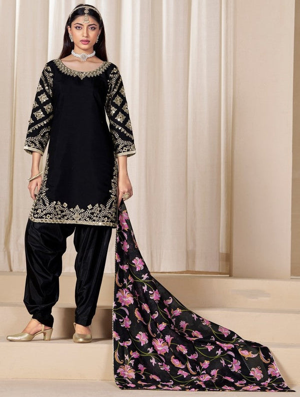 Tasteful Black Color Silk Fabric Patiala Suit