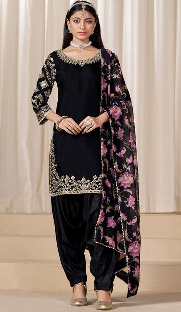 Tasteful Black Color Silk Fabric Patiala Suit