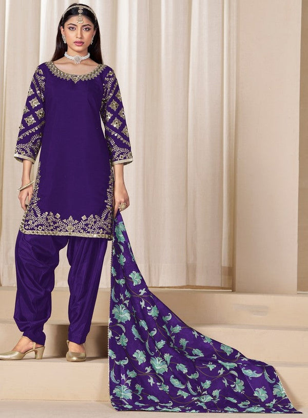Tasteful Purple Color Silk Fabric Patiala Suit